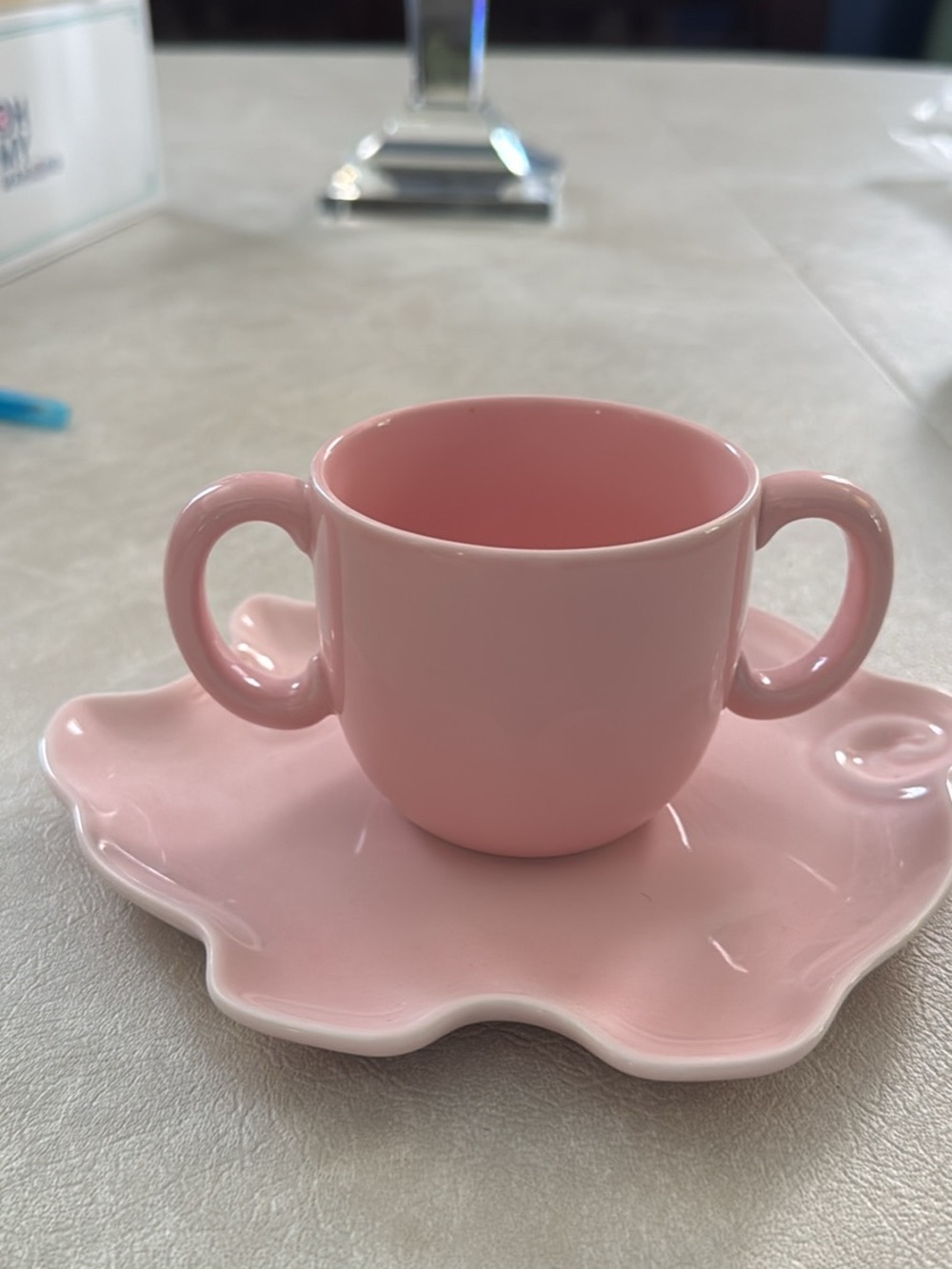 TIFFANY & CO Pink Double-Handled Ceramic Cup with Matching Saucer